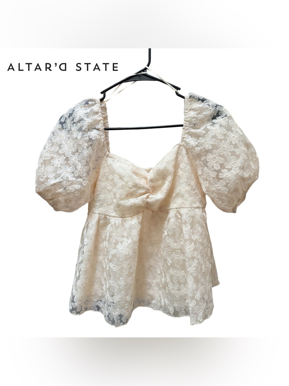 Altar’d State Cream Lace Puff-Sleeve Peplum Top